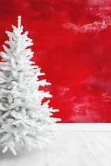 Wall Mural - A snowy white Christmas tree against a vibrant red wall backdrop.