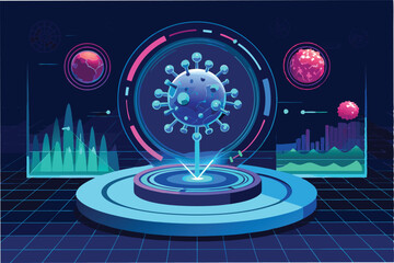 Poster - holographic 3D representation of hmpv particles rotating against glowing digital dashboard filled with futuristic medical datclipart vector