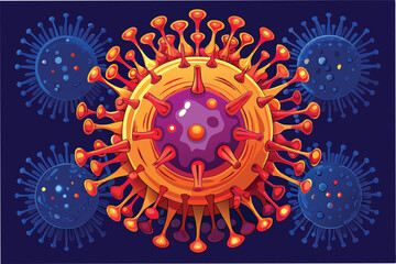 Poster - Microscopic view of hmpv virus inside human cell, vibrant colors, highly detailed, futuristic sci fi aesthetic clipart vector