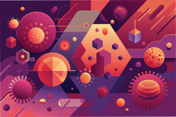 Leinwandbilder - graphical abstract background with geometric shapes and layers of hmpv virus icons blended with gradient shades of red orange and purple clipart vector
