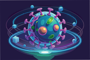Poster - glowing 3D model of the Hantahmpv virus particle rotating slowly with its surface glycoproteins highlighted in futuristic style clipart vector