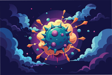 Fototapete - dramatic 3D composition of hmpv virus particles breaking apart revealing luminous core surrounded by dark swirling cloud clipart vector