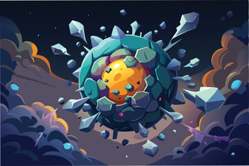 Fototapete - dramatic 3D composition of hmpv virus particles breaking apart revealing luminous core surrounded by dark swirling cloud clipart vector