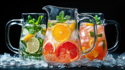 Refreshing glass pitchers filled with chilled citrus infused beverages such as lemonade iced tea or water served over ice on a dark background  This image evokes a sense of cooling