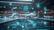 © Chumporn - Futuristic High Tech Airport with Floating Planes Holograms and Suitcase Icons