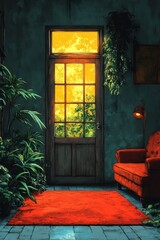 Wall Mural - A Cozy Living Room with a Wooden Door and Vibrant Plant Life Bathed in Warm Sunlight Capturing the Essence of Tranquility and Nature's Serenity