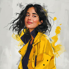 Wall Mural - A cheerful young girl manager in a stylish yellow and black jacket, radiating positivity against a light gray backdrop.