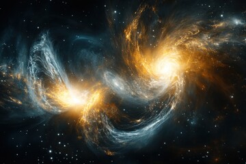 Wall Mural - Cosmic Dance: Two swirling nebulae in vibrant gold and teal.