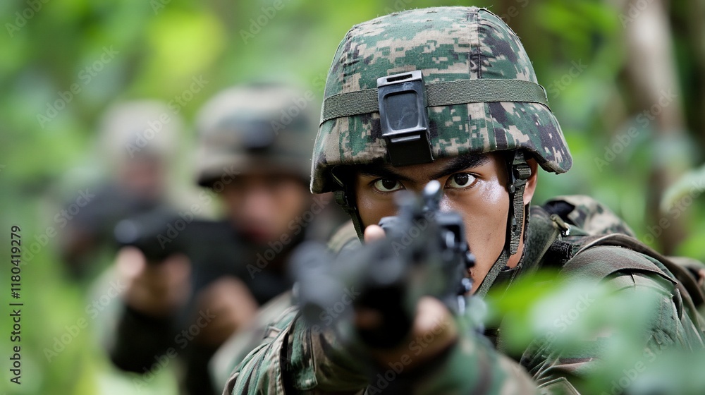 Soldier aiming rifle, jungle patrol, blurry background, military action ...
