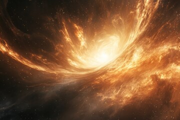 Wall Mural - Fiery cosmic swirl in deep space, swirling nebula of intense orange and yellow.