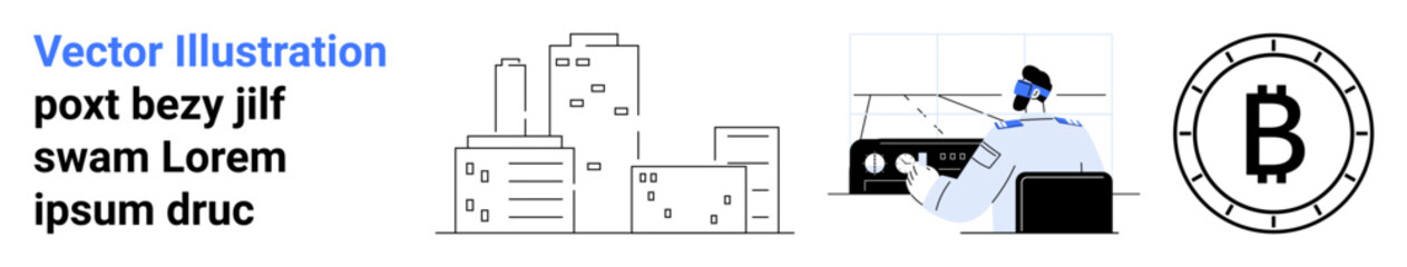City skyscrapers, a technical professional at a computer with headset, and Bitcoin symbol. Ideal for fintech, digital currency, programming, blockchain development, tech services, urban technology