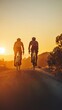© Tuachan - Cyclists Riding on Scenic Road at Sunset with Golden Sky Background