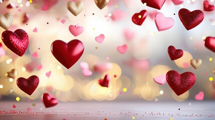 Poster - Romantic Hearts Floating in Festive Light Background