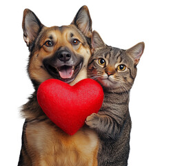 Smiling dog and tabby cat holding a red heart, friendship and love theme, transparent background, ideal for Valentine's Day greeting card