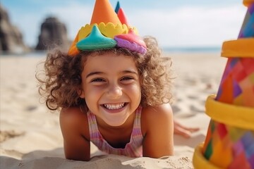 Wall Mural - Portrait of a cute little girl with birthday hat on the beach