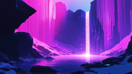 Wall Mural - Neon Waterfall Flows Into Serene Purple Landscape