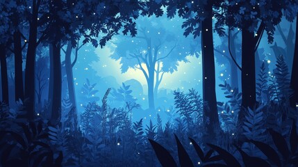 Wall Mural - Serene Nighttime Forest Scene With Glowing Lights