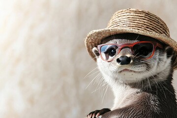 Happy otter wearing sunglasses and bucket hat beach vacation fun animal photography tropical environment playful viewpoint travel concept