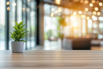 Wall Mural - Potted plant sits on a wooden table in a room with a lot of light