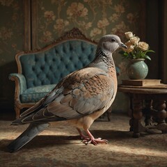 Wall Mural - A turtle dove resting on a stand in a vintage-themed room.