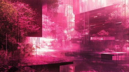 Wall Mural - Surreal Pink Cityscape Reflecting In Water