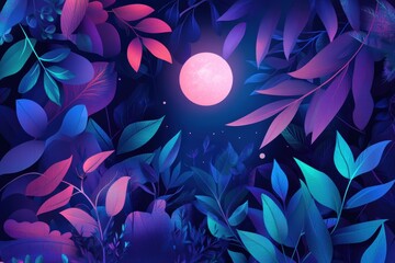 Wall Mural - Neon Leaves Illuminated By Pink Moon At Night