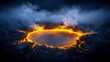 © Paul - Sulfur-coated alien lava lake, cracks glowing with fiery light, central crater spilling liquid fire, atmospheric gases, close-up intense detail