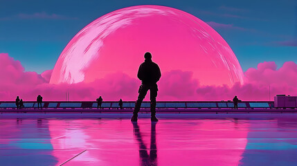 Wall Mural - silhouette figure on rooftop gazes at surreal pink moon. people on rooftop. surreal landscape. possi