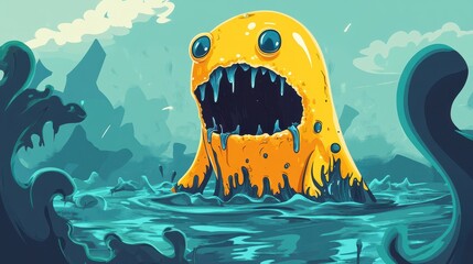 Wall Mural - Yellow Monster Emerging From Teal Waters