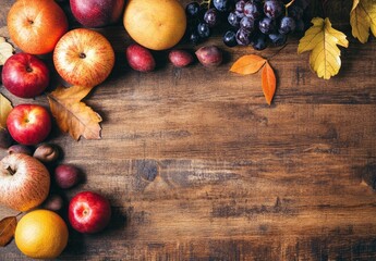 Wall Mural - Autumn background with wine glasses and autumn fruits on a wooden table. Autumn concept, a fall template for design or wallpaper with copy space. Stock photo with 2/3 space to put text.