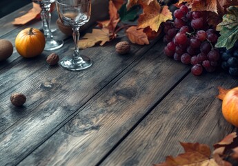 Wall Mural - Autumn background with wine glasses and autumn fruits on a wooden table. Autumn concept, a fall template for design or wallpaper with copy space. Stock photo with 2/3 space to put text.