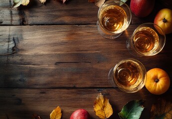 Wall Mural - Autumn background with wine glasses and autumn fruits on a wooden table. Autumn concept, a fall template for design or wallpaper with copy space. Stock photo with 2/3 space to put text.