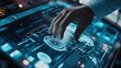 © Justlight - Close up of a scientist's hand interacting with a futuristic touchscreen interface, activating a circular button amidst a complex display of data and graphics in a laboratory environment