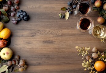 Wall Mural - Autumn background with wine glasses and autumn fruits on a wooden table. High-quality stock photo with space for text. 