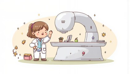 2D Flat Chibi Cartoon Character of a Radiologist - Cheerful female radiologist examining an x-ray machine in a medical laboratory, surrounded by small medical supplies, isolated on a white background.