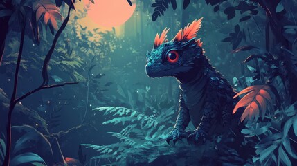 Wall Mural - A Fantasy Creature in a Lush Tropical Forest