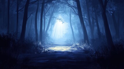 Wall Mural - Mystical Blue Forest Path at Night