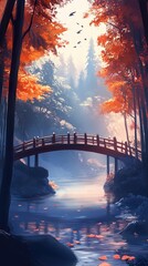 Poster - Autumnal Serenity: A Bridge Over a Misty River