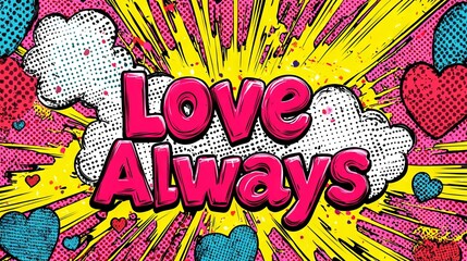 Wall Mural - Pop Art Illustration of Vibrant Love Always Text with Colorful Hearts and Comic Style Background