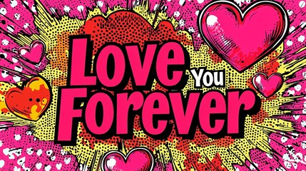 Wall Mural - Vibrant Pop Art Illustration of Love You Forever with Bold Red and Pink Hearts Symbolizing Romance and Passion