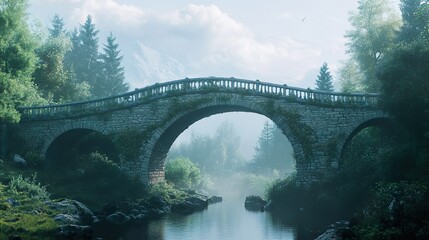 Wall Mural - Misty Stone Bridge in a Tranquil Forest Landscape