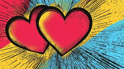 Wall Mural - Vibrant Pop Art Illustration with Bold Red and Pink Hearts on a Dynamic Yellow and Blue Background. Concept of Love, Passion, Creativity, and Artistic Expression