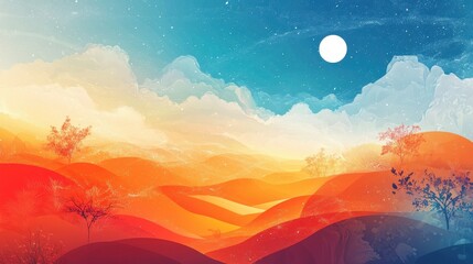 Wall Mural - Serene Night Landscape With Orange Hills And Trees