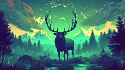Wall Mural - Majestic Deer Stands Proud in a Serene Mountain Forest