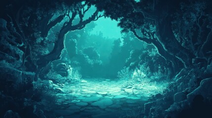 Wall Mural - Enchanting Teal Forest Path Under Moonlight