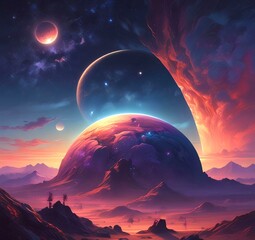 Illustration of outer planet with starry galaxy.