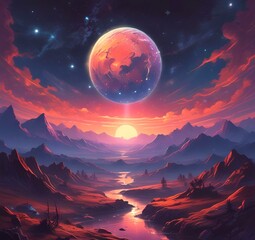 Illustration of outer planet with starry galaxy.