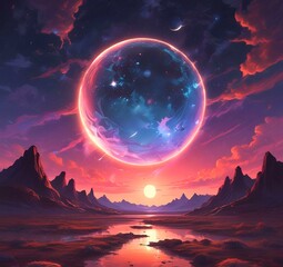 Illustration of outer planet with starry galaxy.