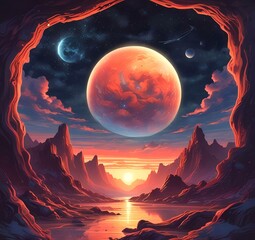 Illustration of outer planet with starry galaxy.