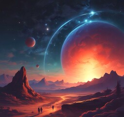 Illustration of outer planet with starry galaxy.